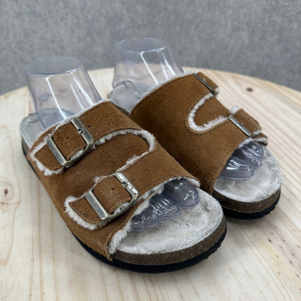 Earth Origins Chill Cali Sandals Womens 8 Brown Suede Faux Fur Double Buckle - Picture 3 of 10